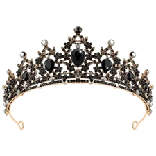 Gothic Crown Headpiece - Black Baroque Tiara with Vintage Rhinestones for Women
