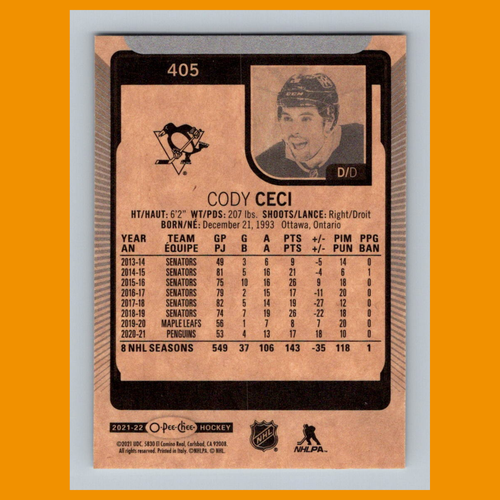 Tarjeta de hockey Cody Ceci #405 2021 O-Pee-Chee Pittsburgh Penguins NHL CASI NUEVA - Imagen 2 de 3