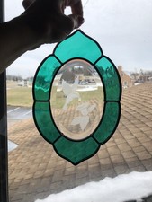VTG Leaded Beveled Stained Glass Panel Etched Humming Bird Emerald Green 10