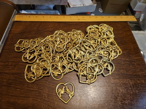 Lot Of 100 Hearts With Bird France Vintage 60s Brass Stampings Findings Jewelry 