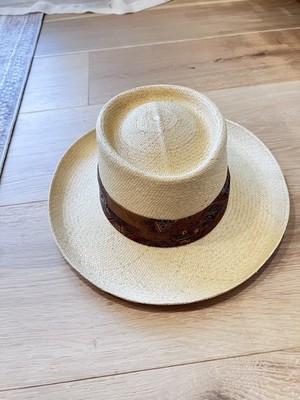 Bailey Panama Straw Gambler Hat Large Made in USA Wide Brim Brown Southwest Band