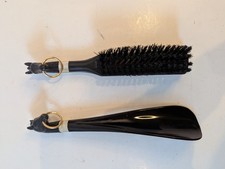 Vintage Horse Head Hard Black Plastic Shoe Horn  Brush Set MCM Japan 8 Inch