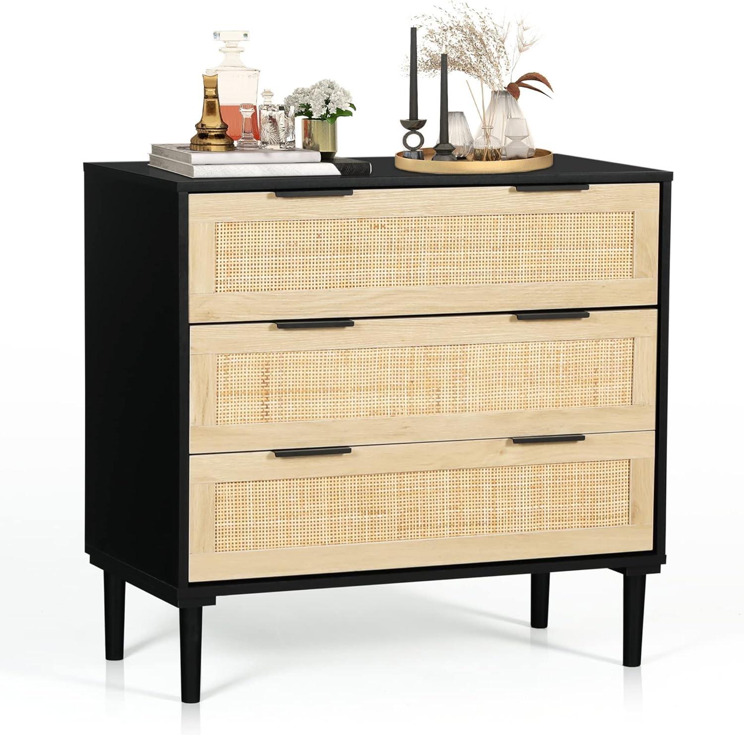 Boho Rattan 3-Drawer Wood Dresser Nightstand Storage Chest for Bedroom  