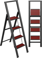 Step Ladder 4 Step Folding Decorative Beautiful Mahogany Black Aluminum Ultra
