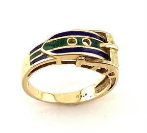 Antique Italy 18k  Green & Blue Enamel Buckle Ring 4.6g  Size 7