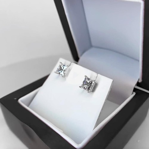 4 Ct Princess Cut FL/D Lab Created Stud Earrings 14k White Gold 7mm Screw Back - Picture 2 of 10