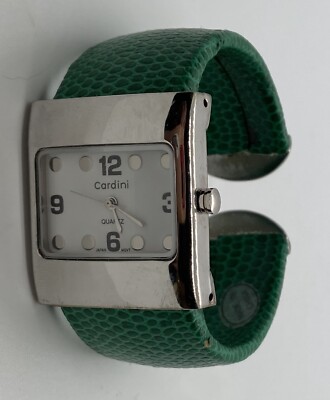 CARDINI Ladies Watch SILVER CASE EMBOSSED GREEN Wide Hinged Cuff Bangle 6  Wrist