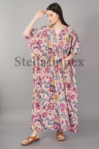 Alluring Indian Handmade Cotton Kaftan, Elegant Pink & Purple Floral Long Caftan - Picture 4 of 6