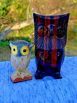 Vintage MAHOGANY WISE OLD OWL Hand Carved + A Little Guy on Book Dictionary  m9
