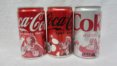 3 Empty 7.5 oz USA 2024 CHRISTMAS SANTA CLAUS Coca Cola Zero Reg Diet Cans Can