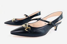 Gucci Zumi Malaga Leather GG Interlocking Logo Kitten Heel Slingback Pumps 35.5