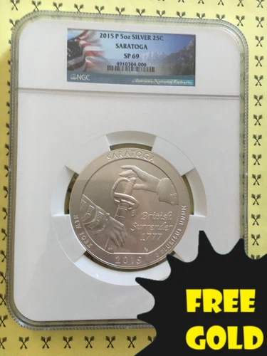 2015-P Saratoga 5 Oz SILVER Quarter NGC SP 69 with FREE GOLDBACK*