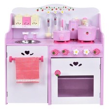 Kids Wooden Kitchen Set Toy Pink White Pretend Plat Cooking Playset Toddler