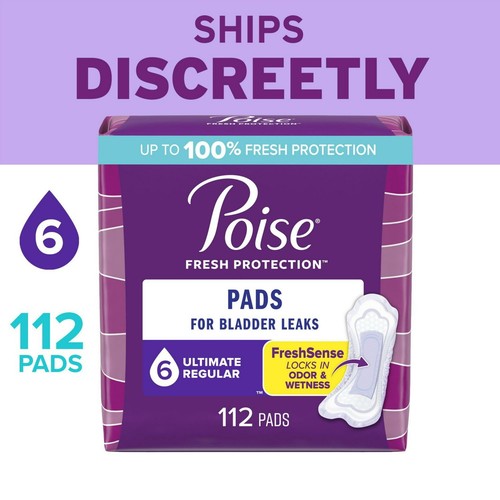 Poise Incontinence Pads for Women, 6 Drop Ultimate Absorbency, Regular, 112Count