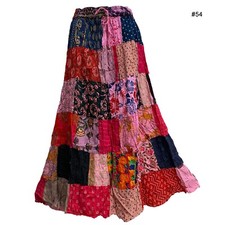 90s Vinage Boho Stonewashed Patchwork Ethnic Print Crinkled Tiered Long Skirt