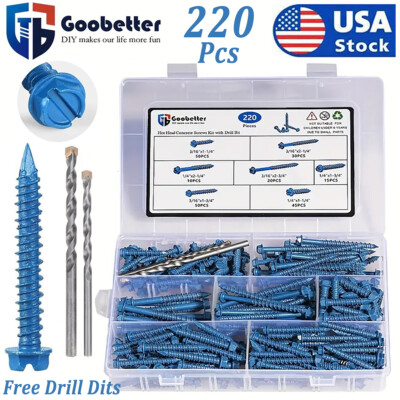 220x 1/4'' 3/16'' Hex Washer Head Concrete Masonry Screws Tapcon Anchor & Bit DIY