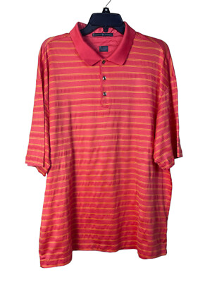Tiger Woods Polo Golf SS Shirt Coral Yellow Stripe 100% Cotton Men's Size XL