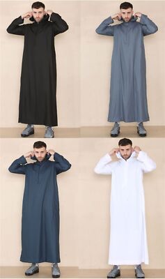 Mens Hooded Thobe Jubba Stand Collar Islamic Clothing Muslim