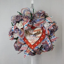 Handmade Mesh Wreath Patriotic Liberty Eagle LED Lights Glitter Heart #C315
