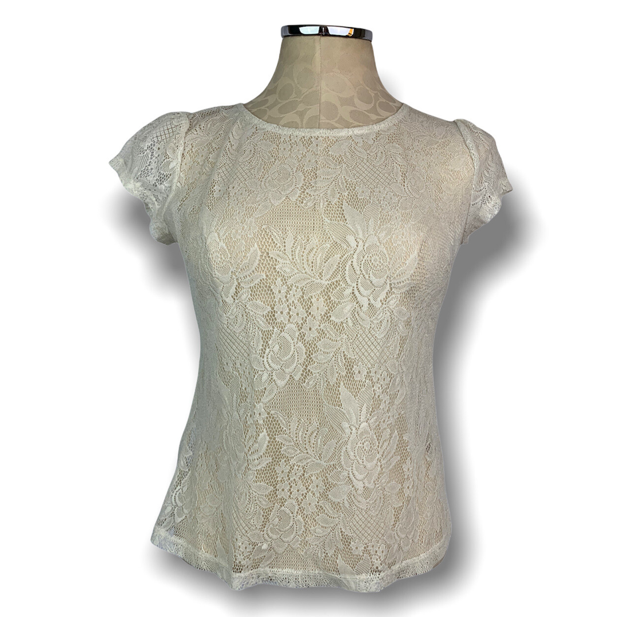 Top donna Small bar III prima fila pizzo avorio manica corta trasparente dettaglio cerniera