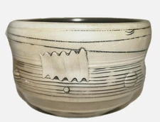 ARTISAN CRAFTED Mid Century Modern Pottery Light Gray & Black Gallery Bowl