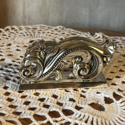 Brighton Swirl Scroll Metal Desk Business Card Holder Display Stand Silver Plate