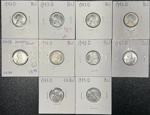 1943-D Steel Lincoln Wheat Penny Lot of 10 Coins BU UNCIRCULATED ORIGINAL