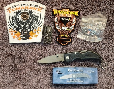 THE FALCON 3'' Closed Folding Knife Jim Frost Signature Knife Bundle Patches Pins