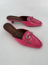Donald J Pliner Mules Womens 7M Pink Kitten Heels Patent Leather Logo Tasseled