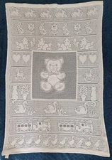 Mothercare White Vintage Pram Blanket Cellular teddy cat train swan UK 3530960