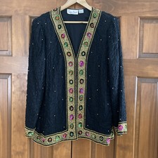 VTG Laurence Kazar 100 Silk Black Sequin Beaded Evening Jacket Women  s Large L