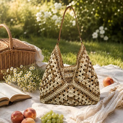 Handmade Straw Shoulder Bag, Woven Summer Hobo Bag for Women