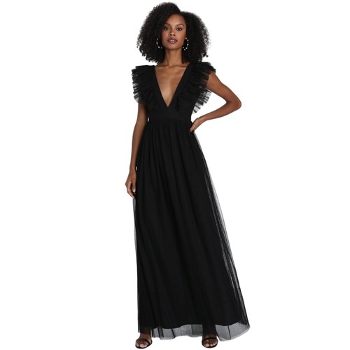 Mesh ruffle solid backless cami maxi dress