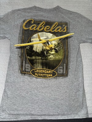 Cabela's Men's Short Sleeve T-Shirt, Gray Airplane Camp Lake Motif, Size Small