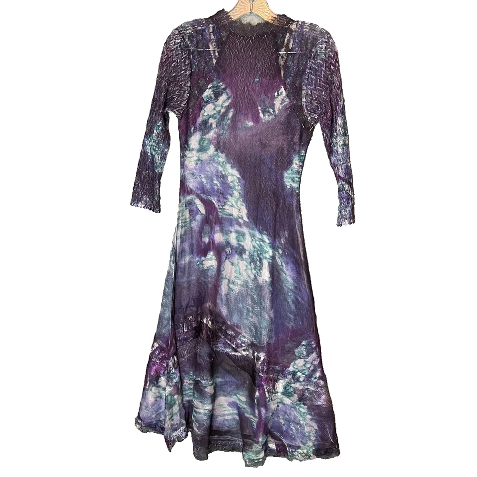 Women Fairy Boho Mixed Media Crinkle Sheer Watercolor Colorful Midi Dress S - Image 2 of 4