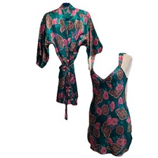 Adonna Vtg Robe  Chemise Set XL Peignoir Satin Floral Paisley Boho Cottage 90's