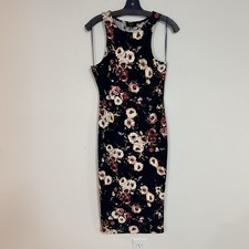 Love J Bodycon Dress Medium Floral Sleeveless Midi Navy Fitted Stretch