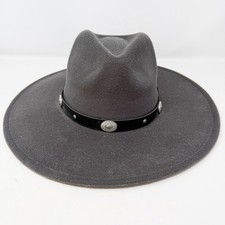 American Eagle Gray Wide Brim Fedora Hat Western Leather Band OS Boho Cowgirl