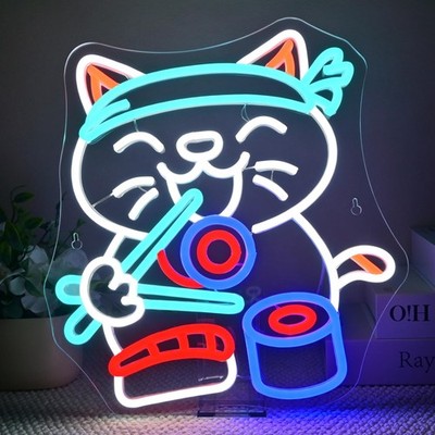 Lucky Sushi Cat Neon Light Eating Neon Sign for Ramen Restaurants White LED Sush