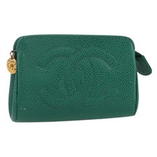CHANEL COCO Mark Pouch Grained Calf Skin Green Gold CC Auth 154903