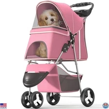 Deluxe Pink Pet Stroller - 3-Wheel Jogger for Small/Medium Dogs & Cats, Foldable