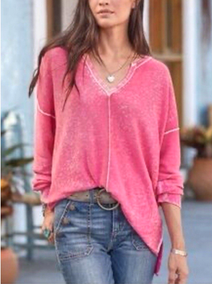 #ad SUNDANCE Women’s L Top Pink Acid Wash Long Sleeve Cotton V Neck Knit $27.95