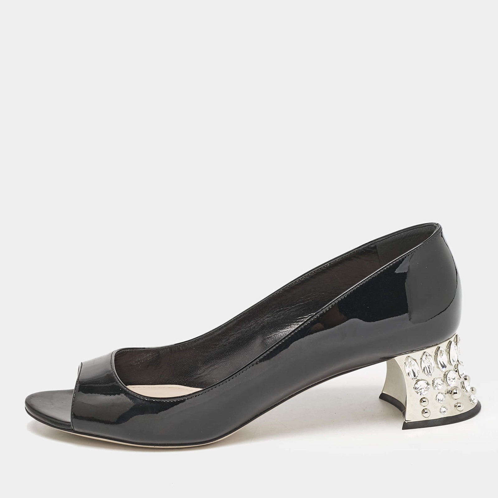 Miu Miu Black Patent Leather Crystal Block Heel Open Toe Pumps Size 37.5