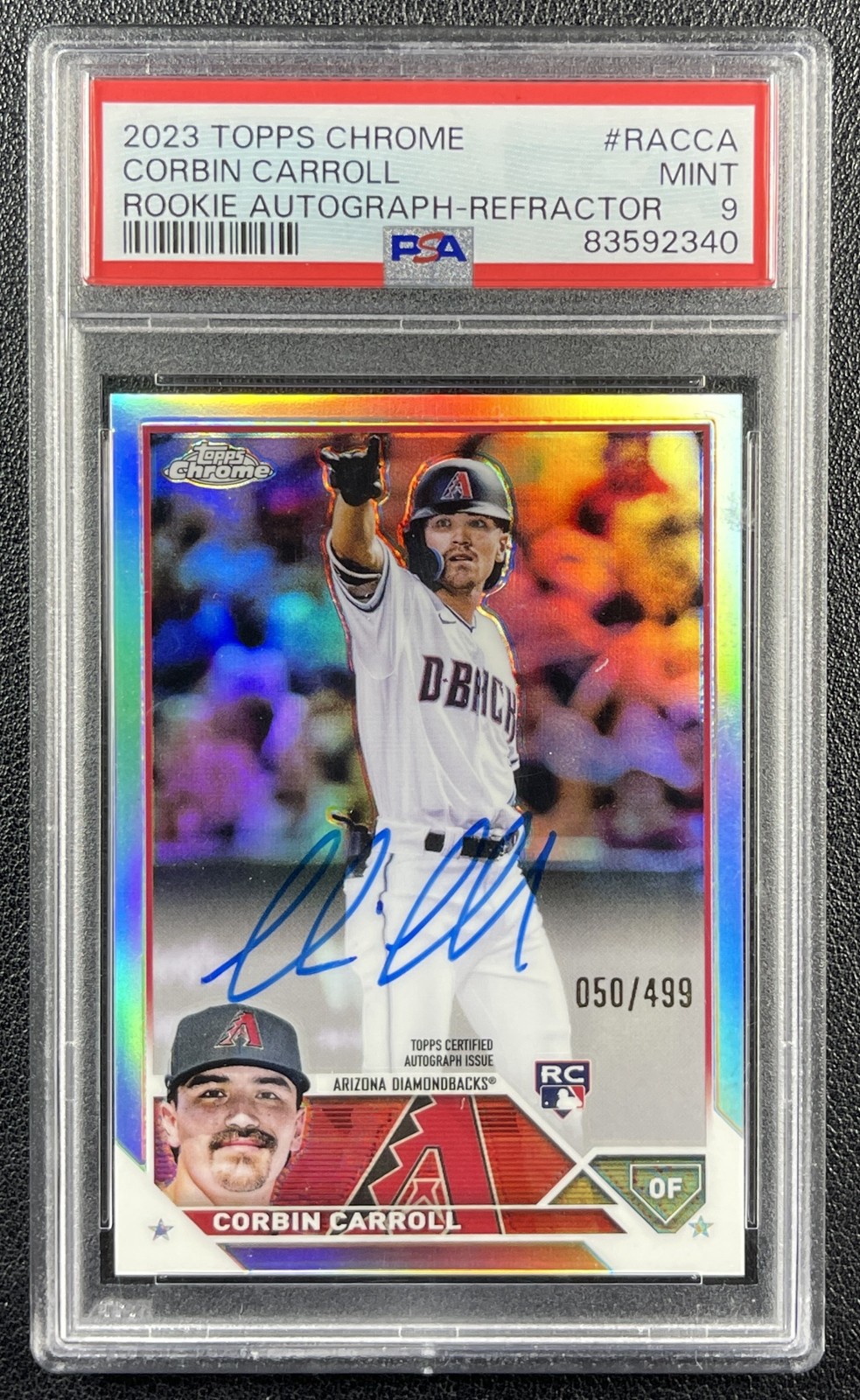 CORBIN CARROLL PSA 9 2023 TOPPS CHROME #RA-CCA ROOKIE REFRACTOR AUTO RC 50/499