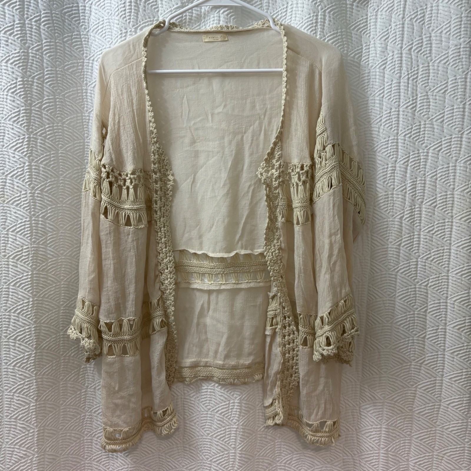 Evelyn x Anthropologie Crochet Kimono Cardigan Macramé Boho Festival $98 orig