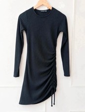 Black Ribbed Ruched Bodycon Dress Long Sleeve Sculpting Mini UK 10