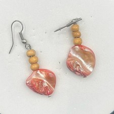 Vintage Shell Dangle Earrings Red Iridescent Bead Wood Boho Style Jewelry