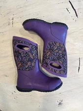Bogs Girls Purple Waterproof Rubber Boots Size 1 Big Kids Floral Garden & Hand G