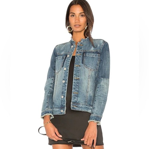 Blank NYC Collarless Button Up Denim Jean Jacket Distressed Patchwork Blue Large