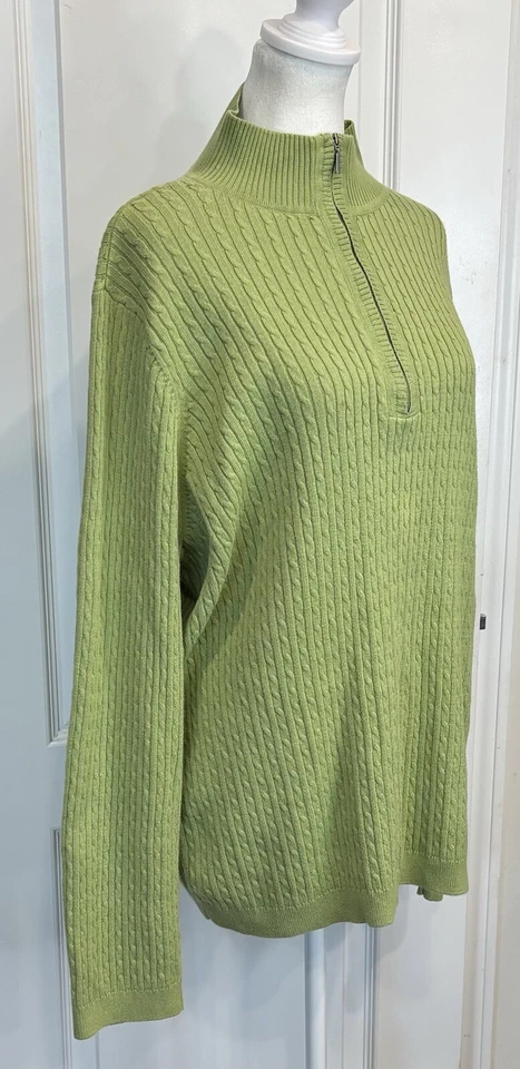 JEANNE PIERRE женщин 1/4 молнии кабель вязаный свитер 2 X зеленый опрятный уютный минималистский - Изображение 2 из 4